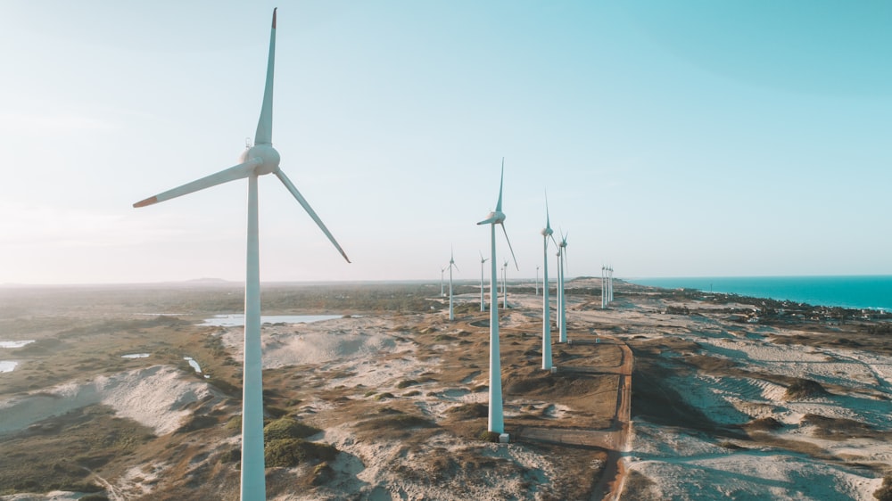 a row of wind turbines next to the ocean