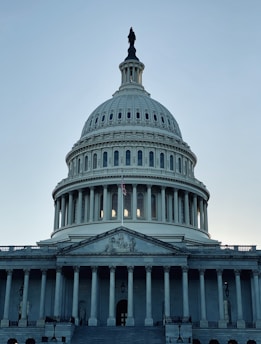 A grand neoclassical building with a large dome and columns, featuring an American flag in front. It appears to be a government structure with detailed architectural features.