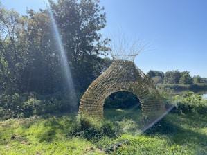 A woven structure made of natural materials stands in a grassy outdoor area, surrounded by trees and a clear blue sky. Sunlight is streaming through the trees and casting a warm glow on the structure. The scene appears peaceful and serene, with lush greenery and a calm environment.
