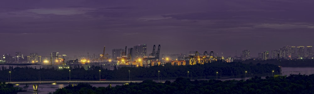 Eine Skyline der Stadt bei Nacht mit einer Brücke im Vordergrund