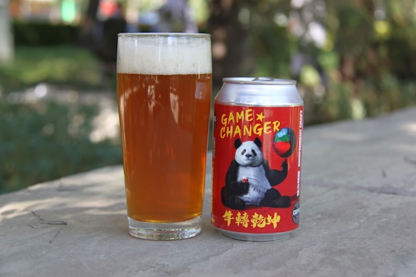 A glass filled with amber-colored beer sits on a stone surface next to a can labeled 'GAME CHANGER,' featuring a panda holding a basketball. The background is a blurred outdoor setting with greenery.