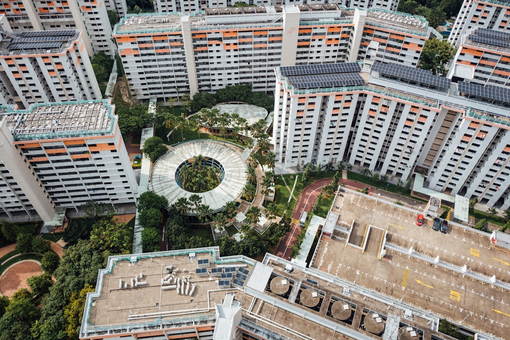 a bird's eye view of a city with tall buildings