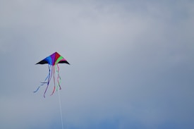 A colorful kite with various panels in shades of blue, red, green, and purple, flying against a cloudy sky. Long, colorful tails trail from the kite, giving it a vibrant appearance as it soars.