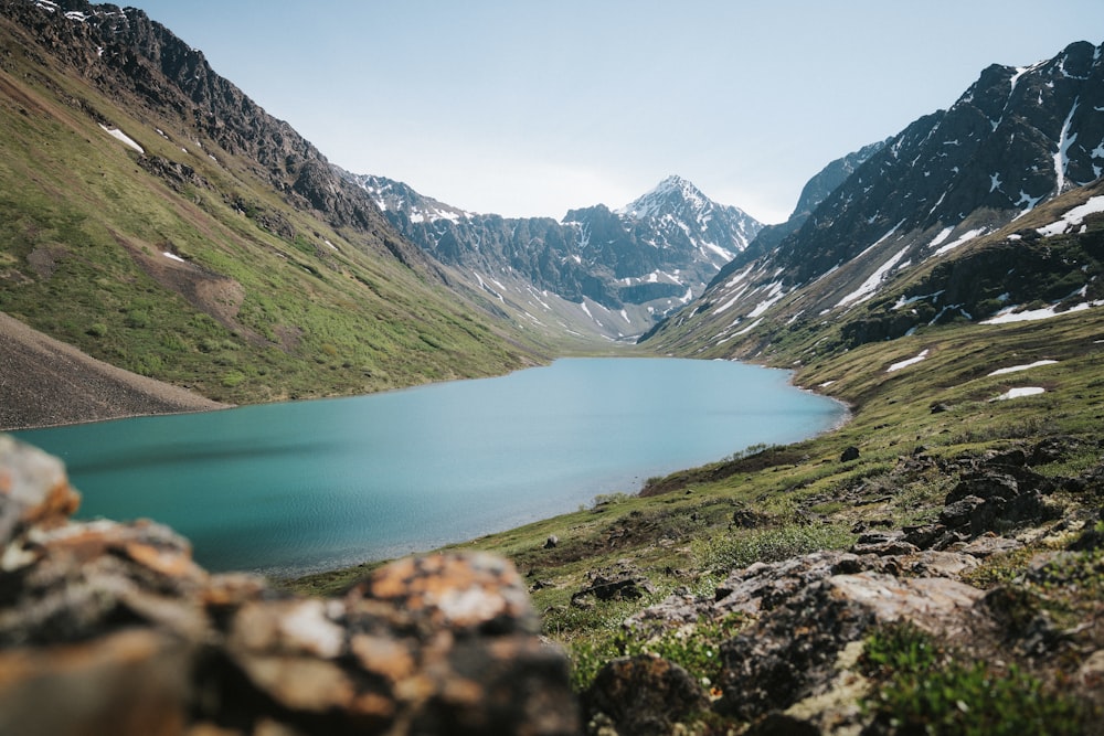 a large lake surrounded by mountains and grass