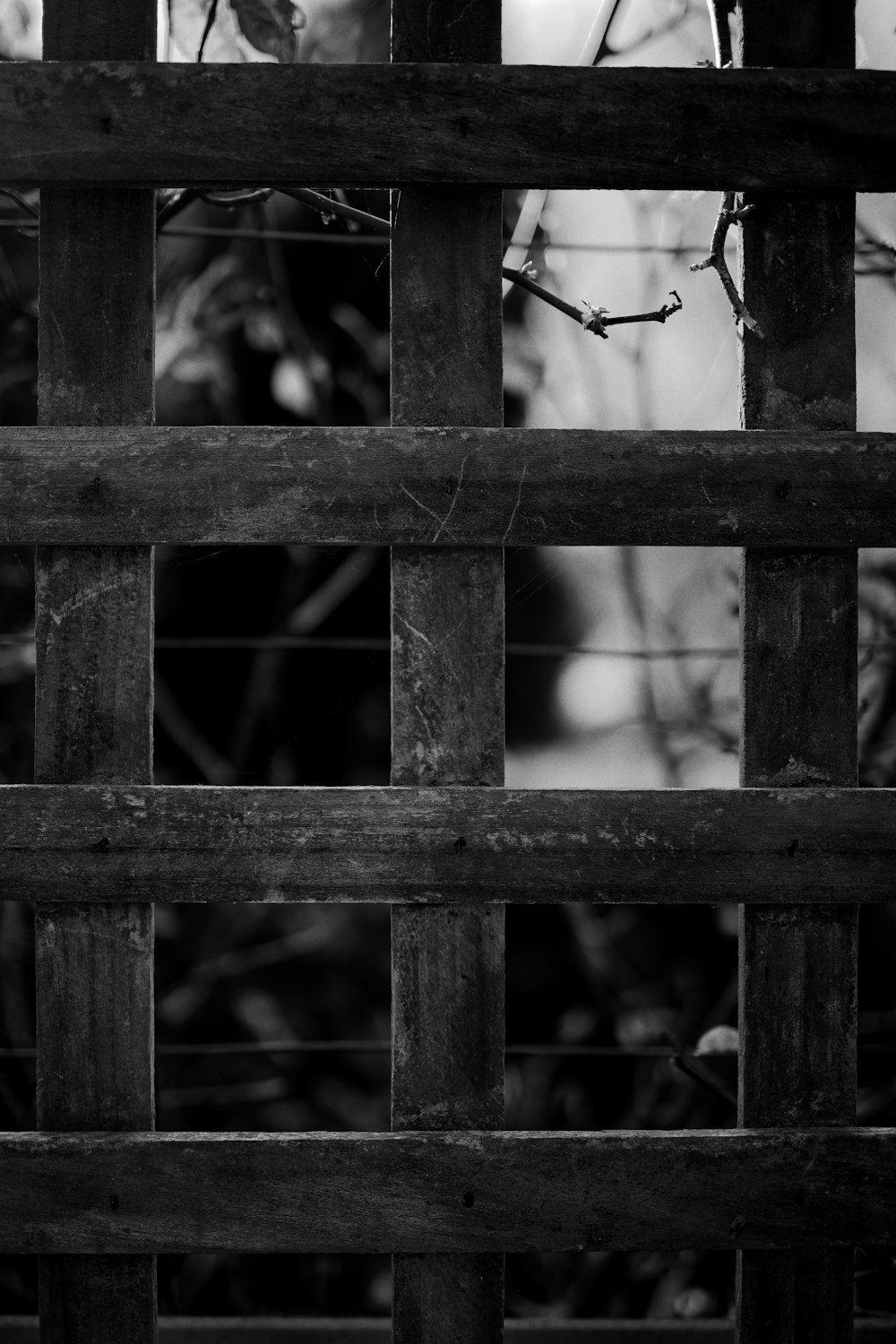 a black and white photo of a wooden fence