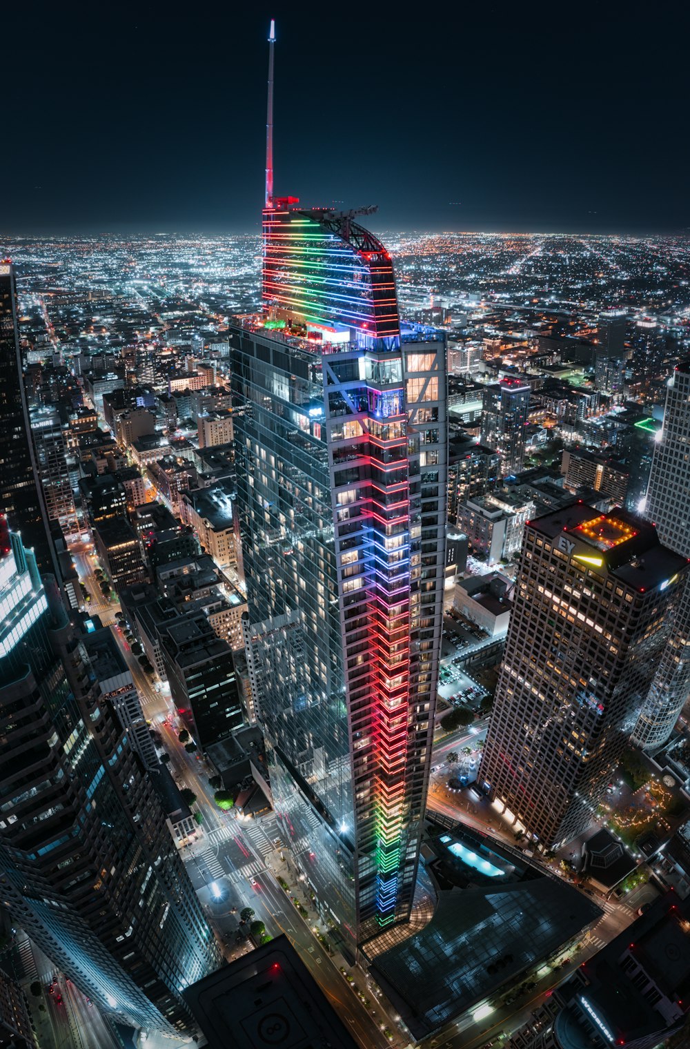 an aerial view of a city at night