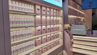 A well-organized display at a store, featuring shelves stocked with canned goods and neatly arranged boxes, primarily in soft pink and white colors. There are also a counter with a coffee machine and a digital screen displaying an image of a drink.