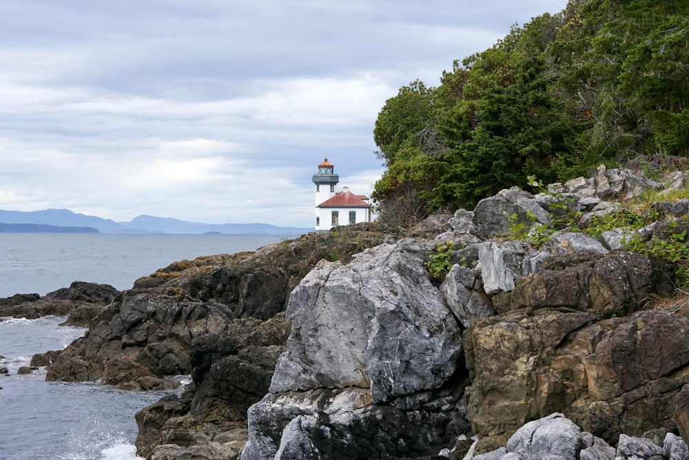 海の隣の崖の上に座っている灯台
