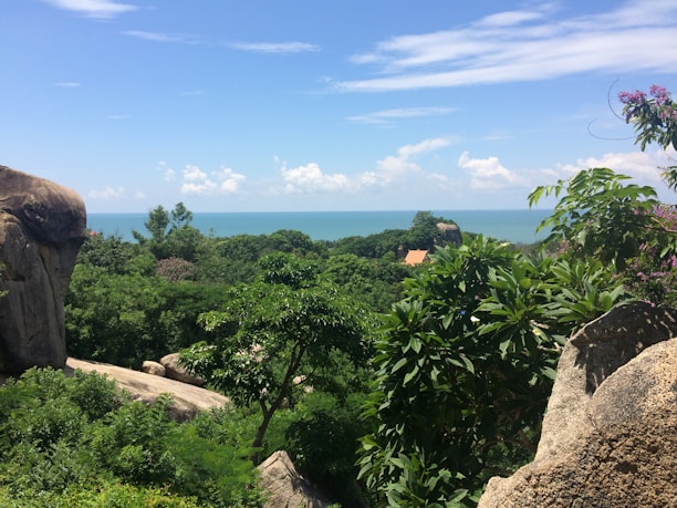 Scenic panoramic view of Pedra Redonda with lush green mountains under a clear blue sky.