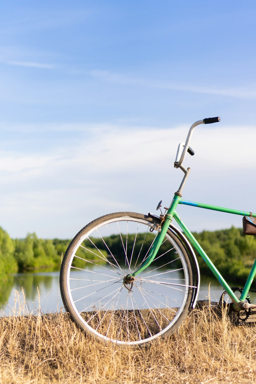 Bicicleta urbana verde en campo de hierba marrón durante el día