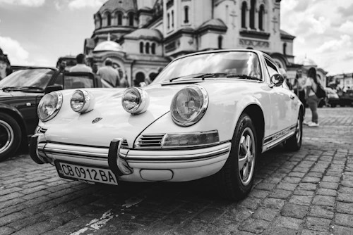 grayscale photo of mercedes benz coupe