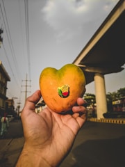 A hand is holding a mango with a sticker on it against an urban backdrop. The image features power lines, a building, and an overpass in the background. The scene is under mostly clear skies.