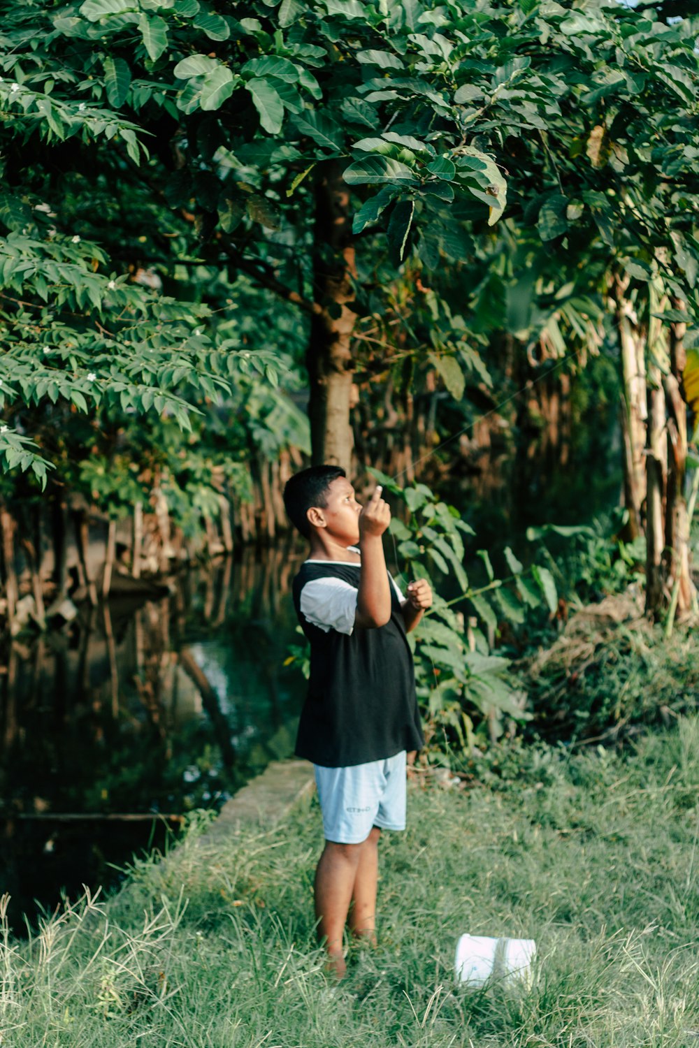 a young boy flying a kite in a field