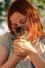 A volunteer gently holding a rescued cat in a cozy shelter room filled with sunlight.