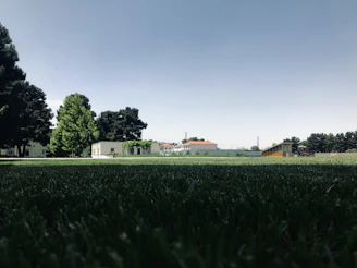 A panoramic view of the campus sports facilities under a clear blue sky.