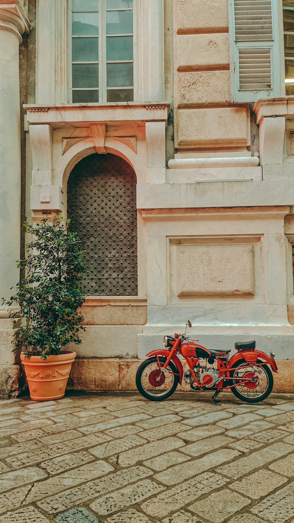 red motorcycle parked beside green potted plant