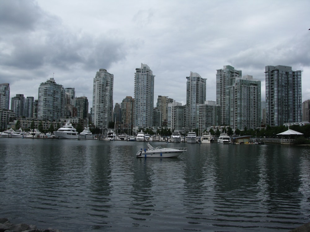 white boat on sea near city buildings during daytime