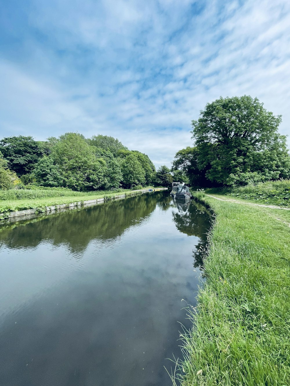 green grass field beside river under blue sky during daytime