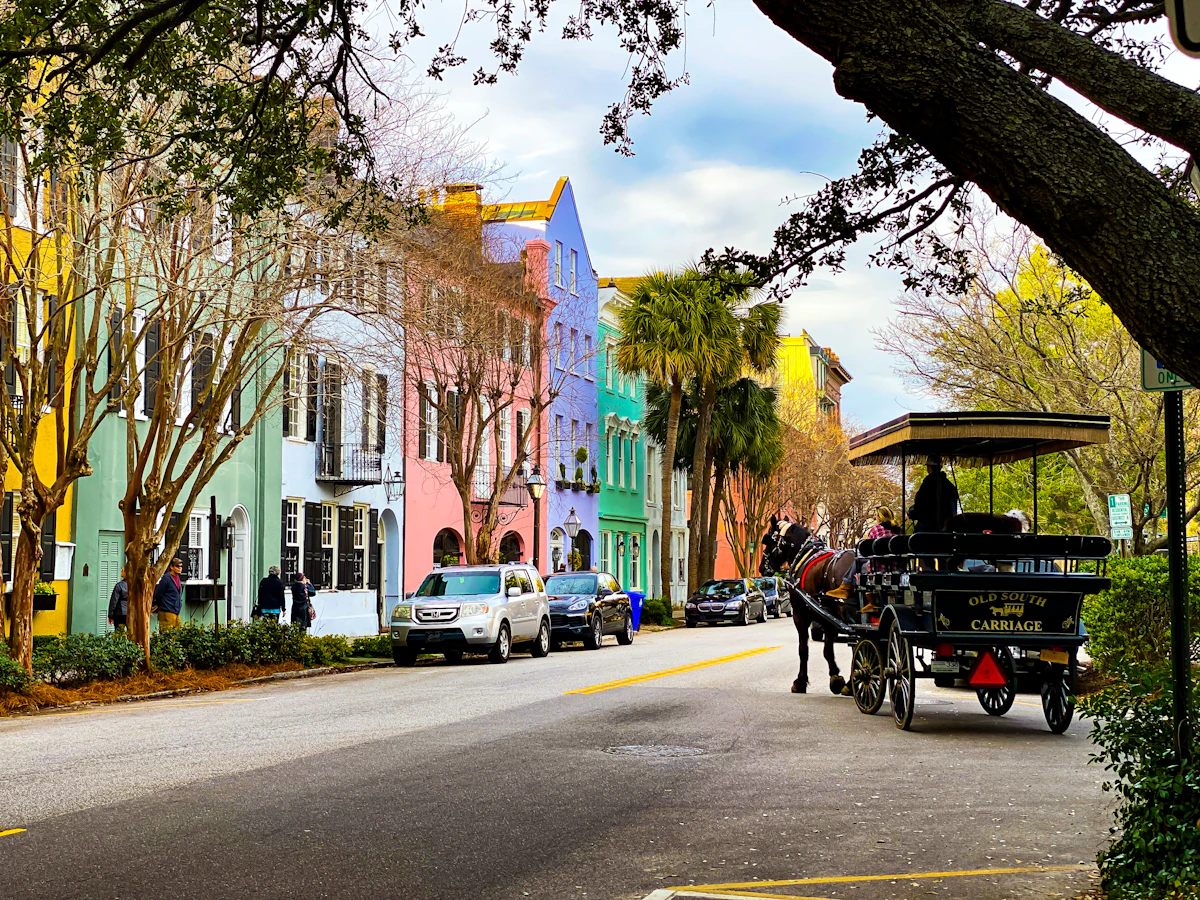 Carriage passing historic buildings in Charleston's hospitality district
