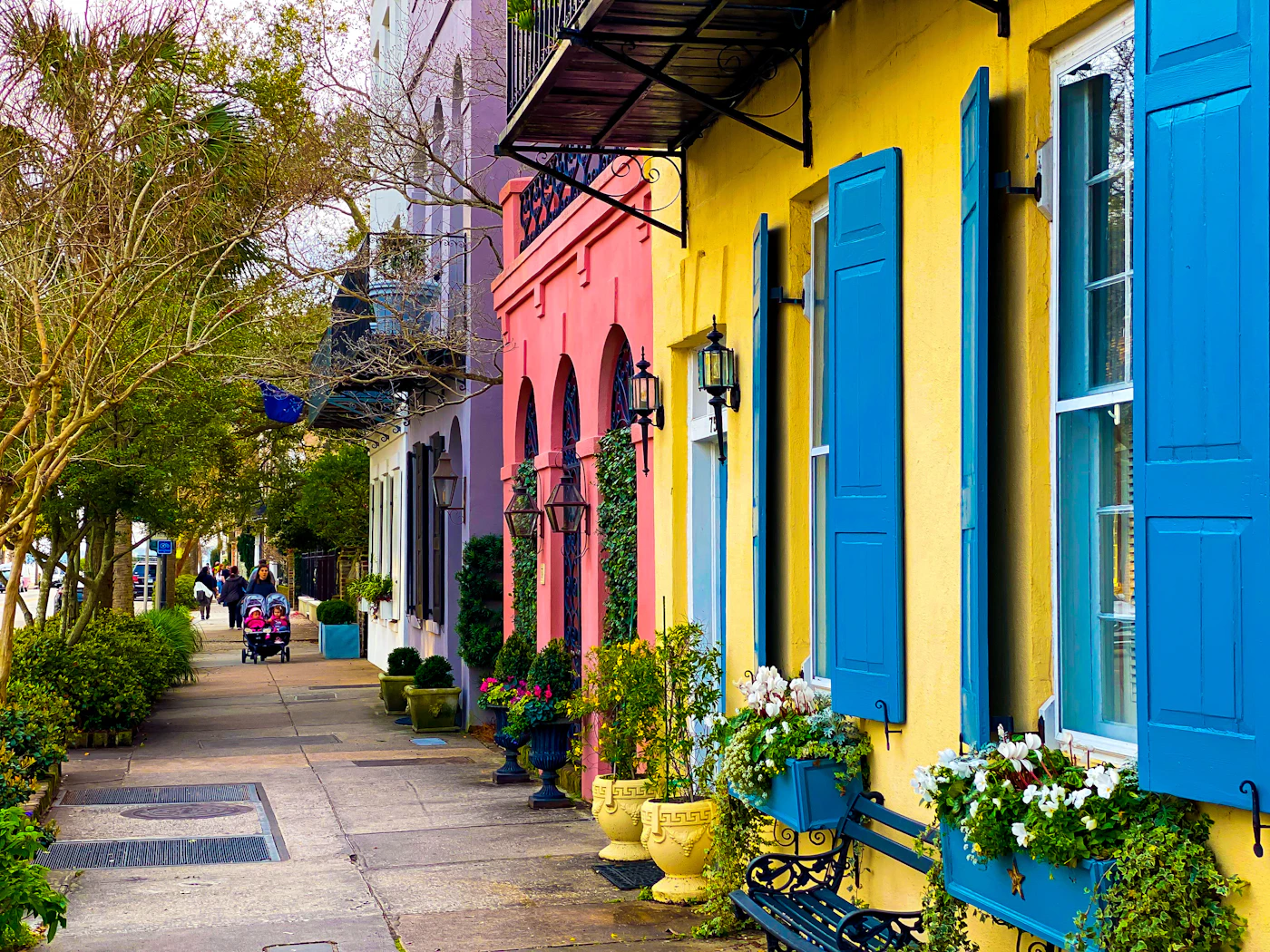 Yellow and blue historic Rainbow Row buildings, after cleaning