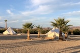 A desert landscape with two white teepee tents set up among several palm trees. The ground is sandy, and the sky is mostly clear with a few clouds. Some outdoor chairs and tables are arranged near the tents. Low hills or mountains are visible in the distance.