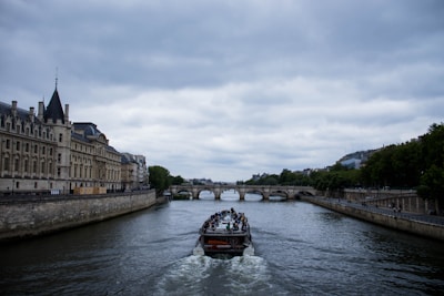 black boat on river near green trees during daytime
