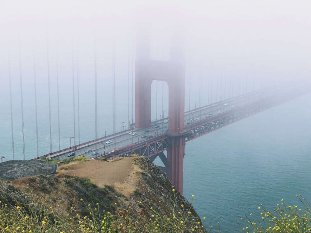 a foggy view of the golden gate bridge