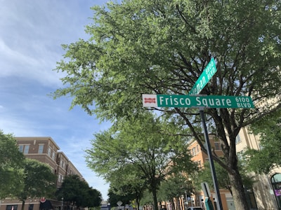 A street intersection with clear green street signs reading 'Frisco Square 6100 BLVD' and 'Elmeman 8800 BLVD' is visible. Tall, leafy trees line the sidewalk, providing shade over the street and the adjacent buildings. The architecture of the buildings is modern, with multiple stories and large windows. The sky is clear with a hint of clouds.