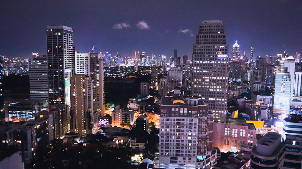 city with high rise buildings during night time