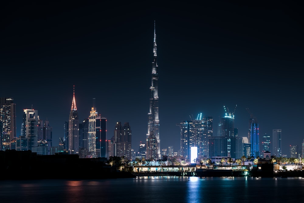 city skyline during night time