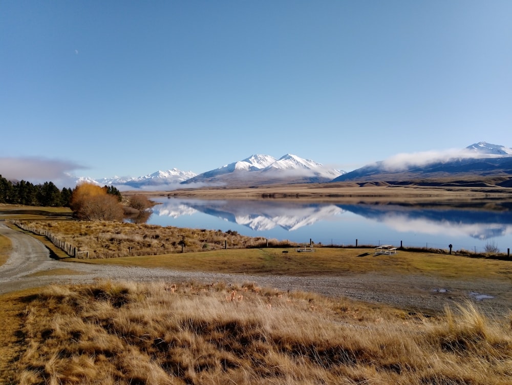 brown grass field near snow covered mountains under blue sky during daytime