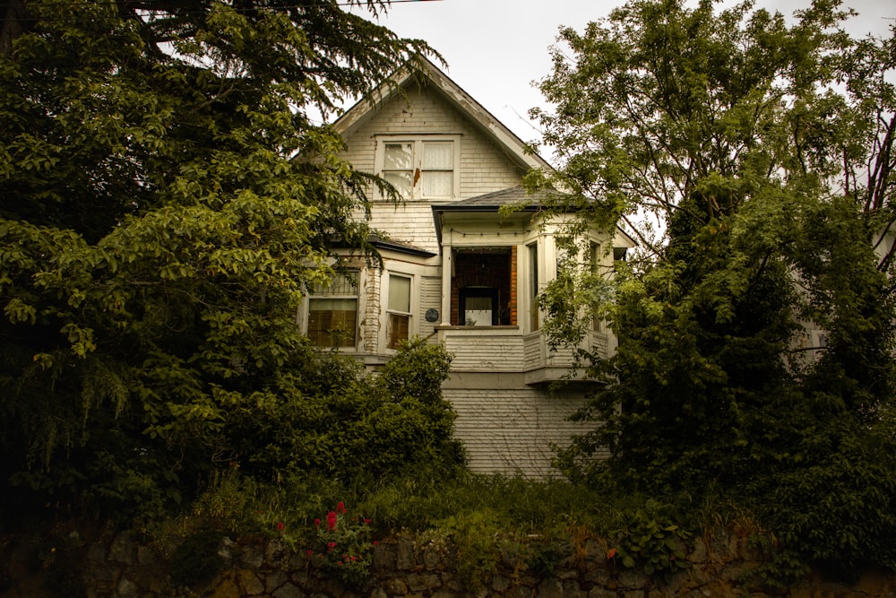 Maison en bois blanc entourée d’arbres verts pendant la journée