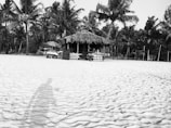 A sandy beach with visible footprints leads to a thatched hut surrounded by palm trees. In front of the hut, there are tables and chairs with umbrellas providing shade. The setting appears relaxed and tropical, offering a sense of retreat and leisure.