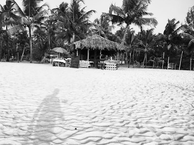 A sandy beach with visible footprints leads to a thatched hut surrounded by palm trees. In front of the hut, there are tables and chairs with umbrellas providing shade. The setting appears relaxed and tropical, offering a sense of retreat and leisure.