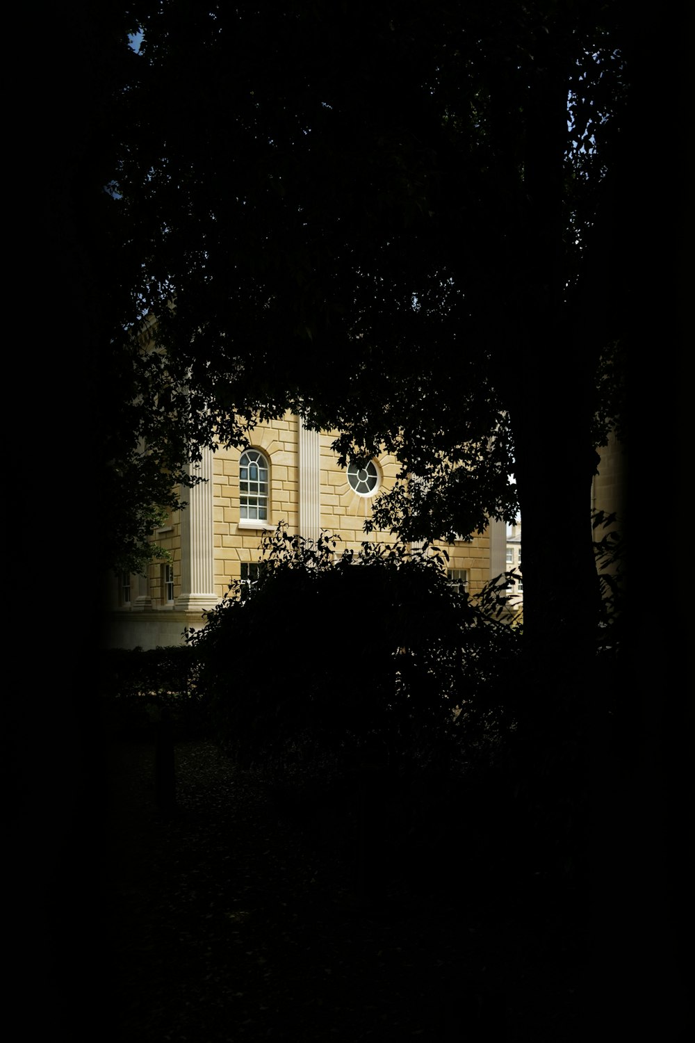 a building is seen through the trees in the dark