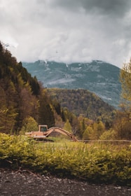 brown wooden house on green grass field near green trees and mountains during daytime