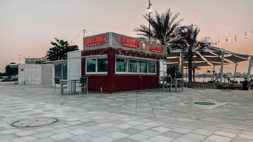 red and white store front