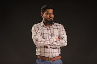 man in white and brown plaid dress shirt