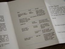 A close-up view of a printed pamphlet featuring a table with columns labeled 'Fault', 'Cause', and 'Remedy'. The table includes text about camera settings and photography issues such as exposure and focus. There is an adjacent column titled 'order form' with spaces for personal details like 'Name' and 'Number of slides'. The text is in a simple, clean font.