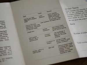 A close-up view of a printed pamphlet featuring a table with columns labeled 'Fault', 'Cause', and 'Remedy'. The table includes text about camera settings and photography issues such as exposure and focus. There is an adjacent column titled 'order form' with spaces for personal details like 'Name' and 'Number of slides'. The text is in a simple, clean font.