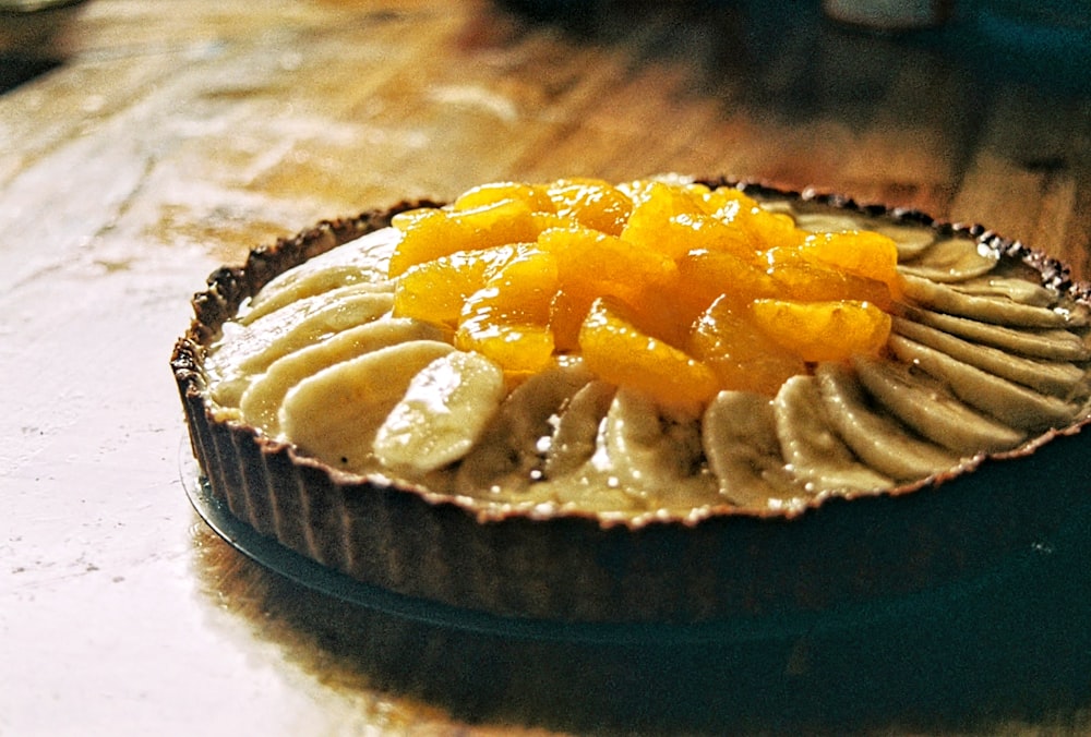 yellow and white food on blue ceramic plate