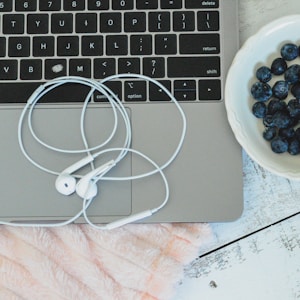 white earbuds on silver macbook