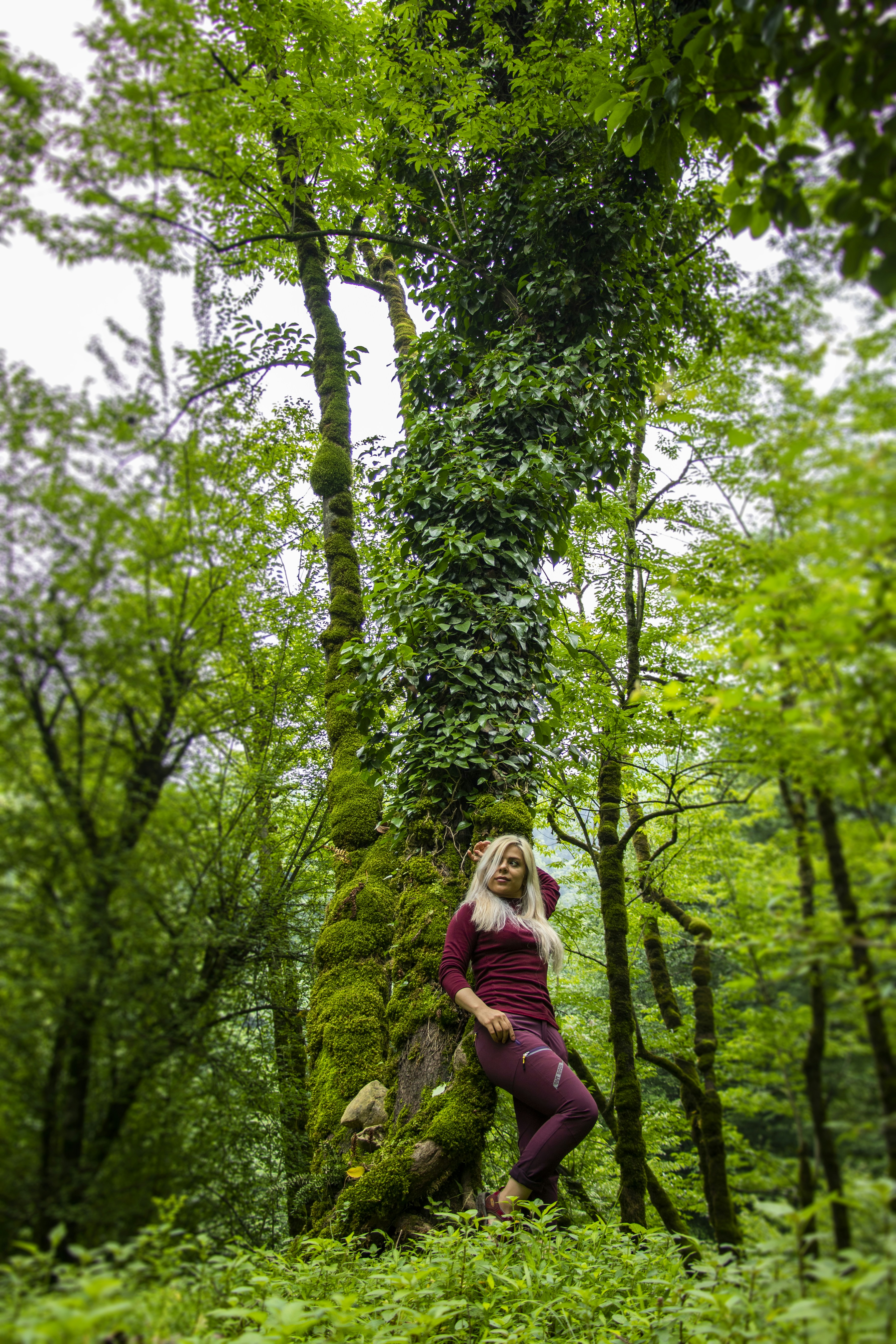 빨간 긴팔 셔츠와 검은 바지를 입은 여자가 낮 동안 푸른 잔디밭에 서 있다