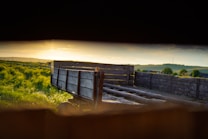 A wooden trailer stands idle in a grassy field with the sun setting in the background. The light casts a warm glow over the landscape, and soft shadows create a serene and peaceful atmosphere. In the distance, there are rolling hills and trees.