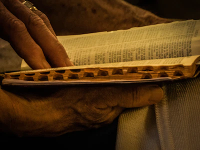 Close-up of hands holding the free book 'Come salvarsi alla fine dei tempi' with gentle natural light.