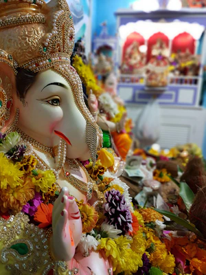 Ganesha idol with marigold garlands