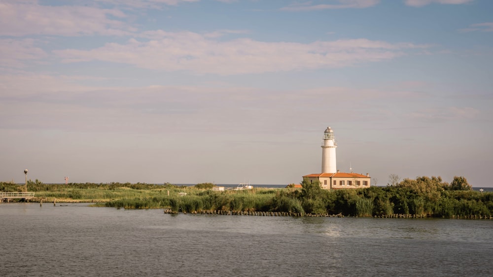 white and brown lighthouse near green trees and body of water during daytime