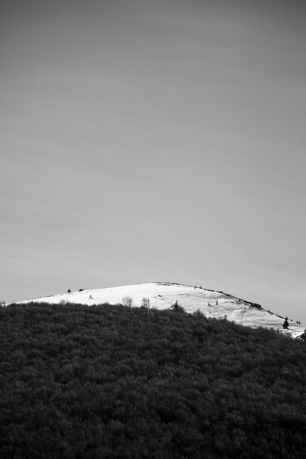 a black and white photo of a snowy mountain