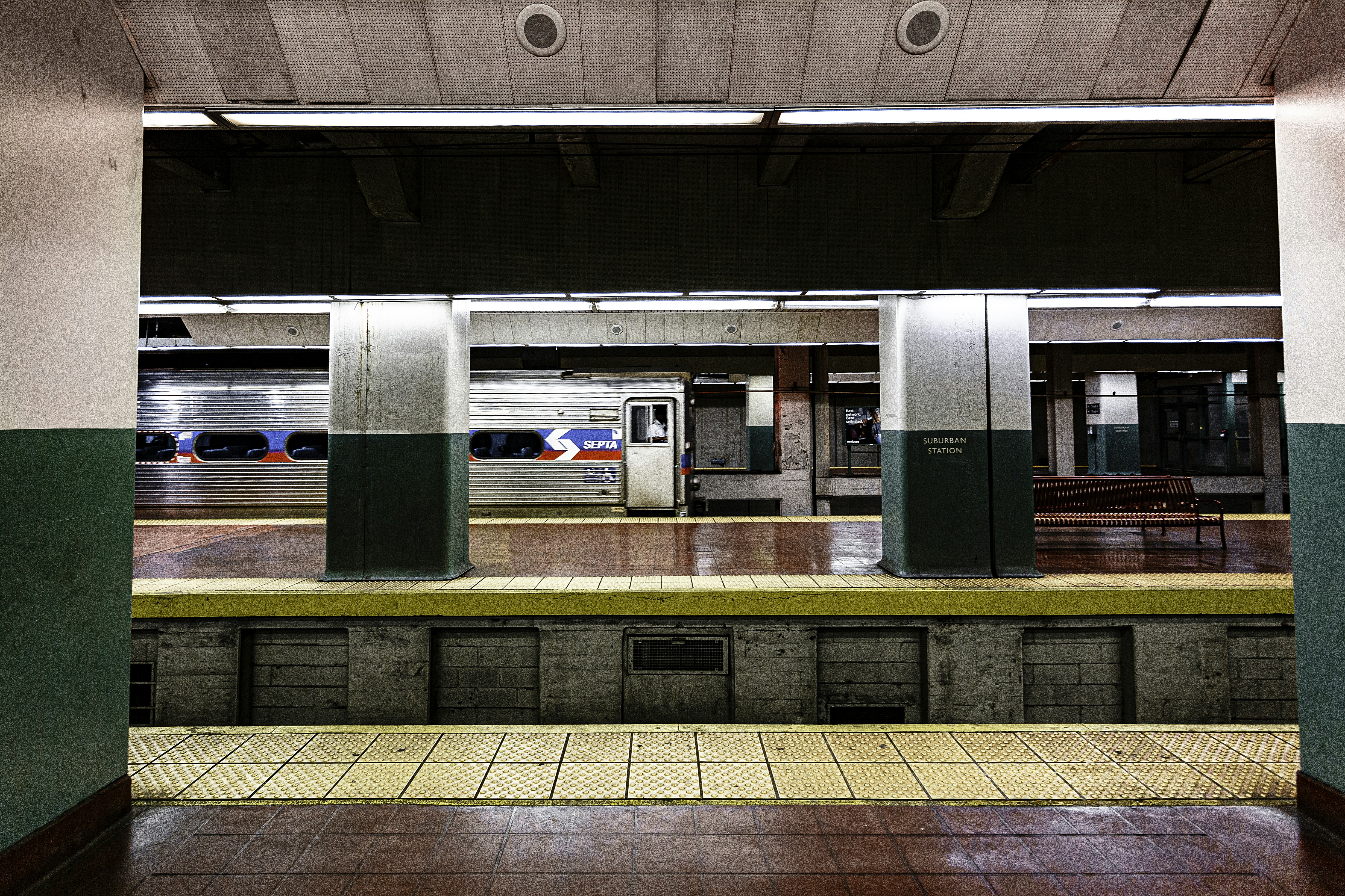 white and green train station