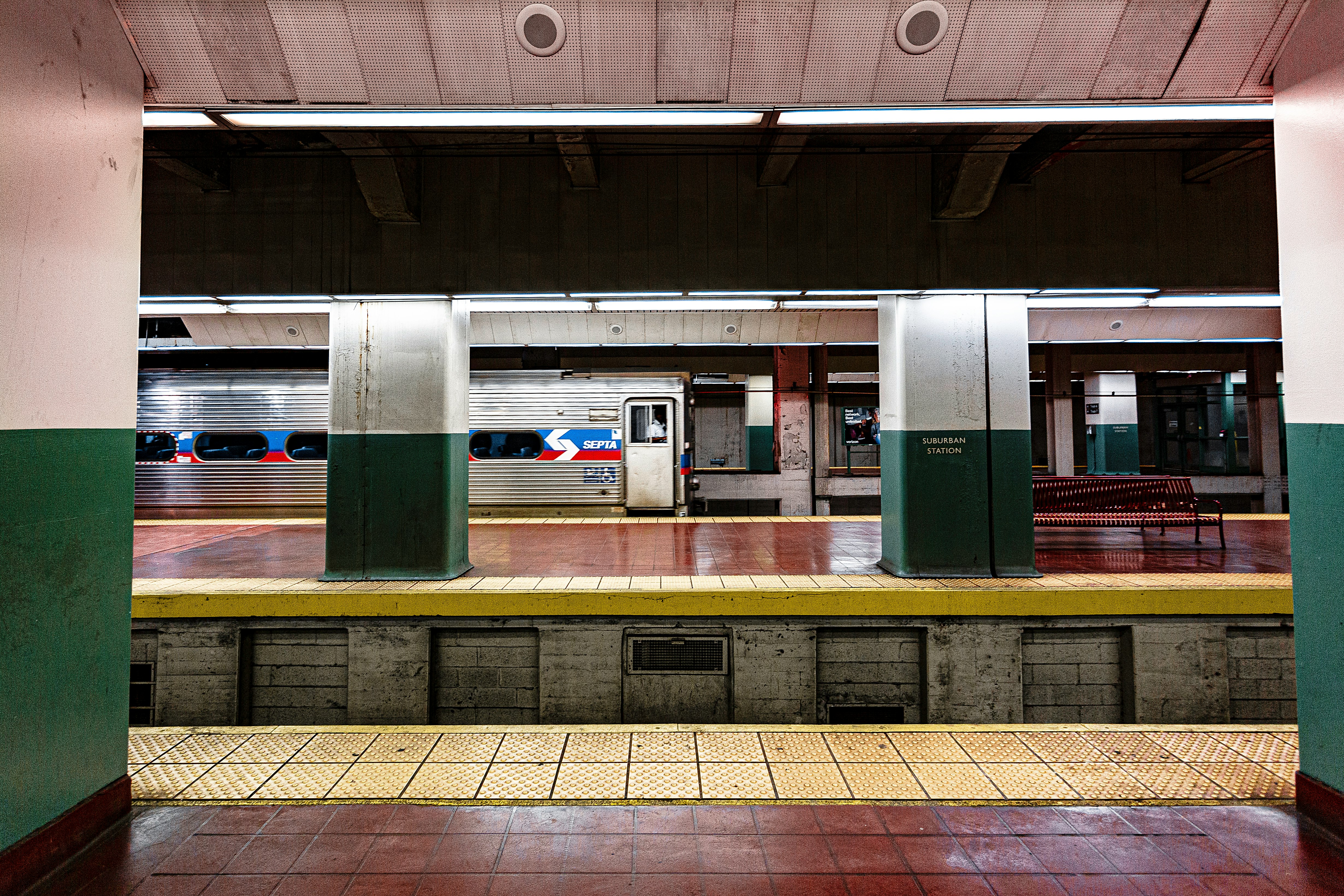 white and green train station